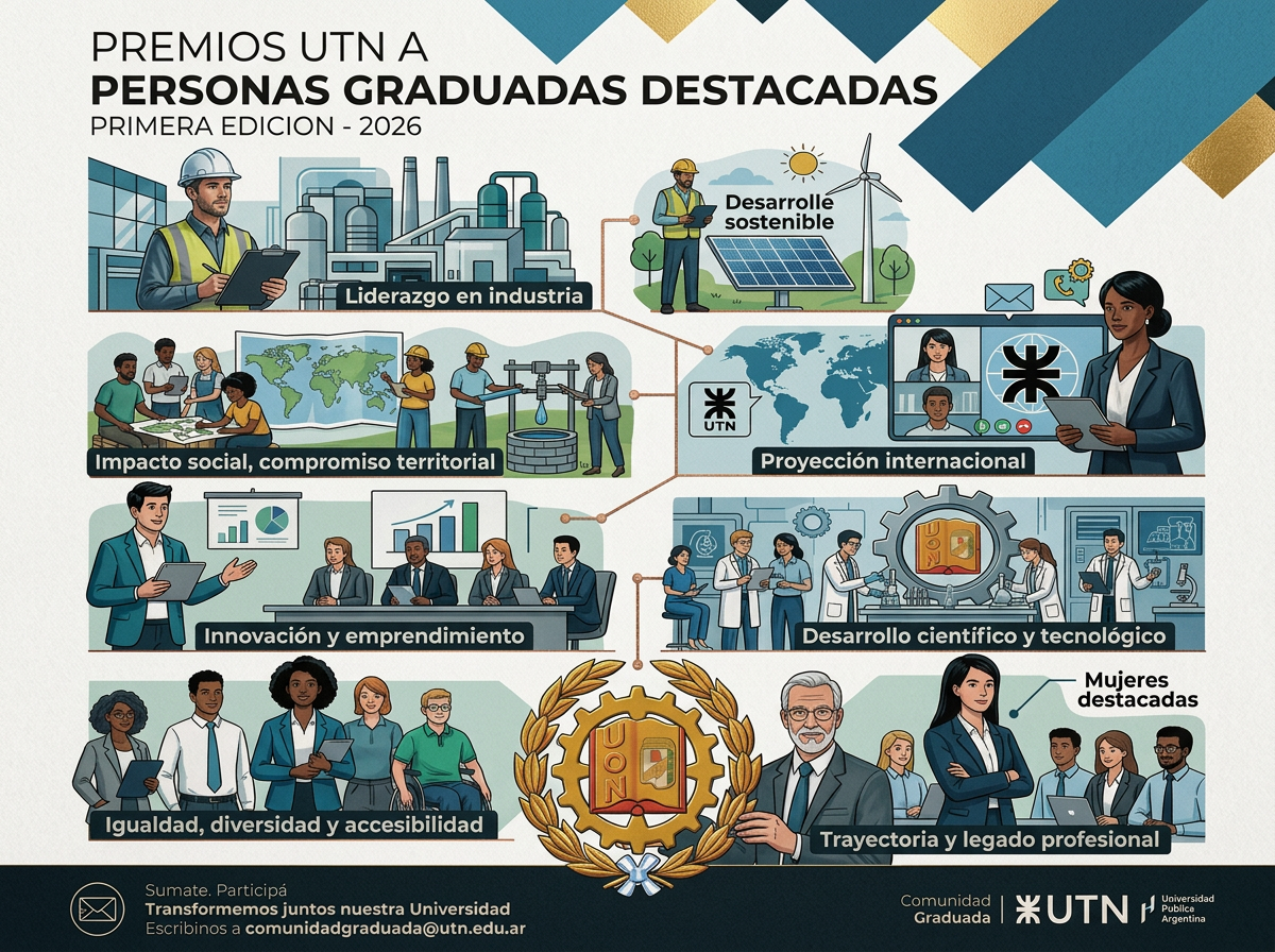 Premios UTN a Personas Graduadas Destacadas - Primera edición 2026. Ilustracion de las ocho categorías: liderazgo en industria, impacto social, proyección internacional, innovación y emprendimiento, desarrollo científico y tecnológico, igualdad y diversidad, mujeres destacadas, y trayectoria y legado profesional.